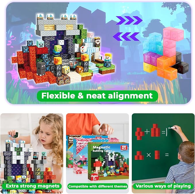 400 PCS Magnetic Blocks - Building Block for Kids, Stacking Magnet Cubes for Boys Girls, STEM Educational Montessori Magnetic Constructions Toys, Sensory Play Game Birthday Gifts Ages 3-12