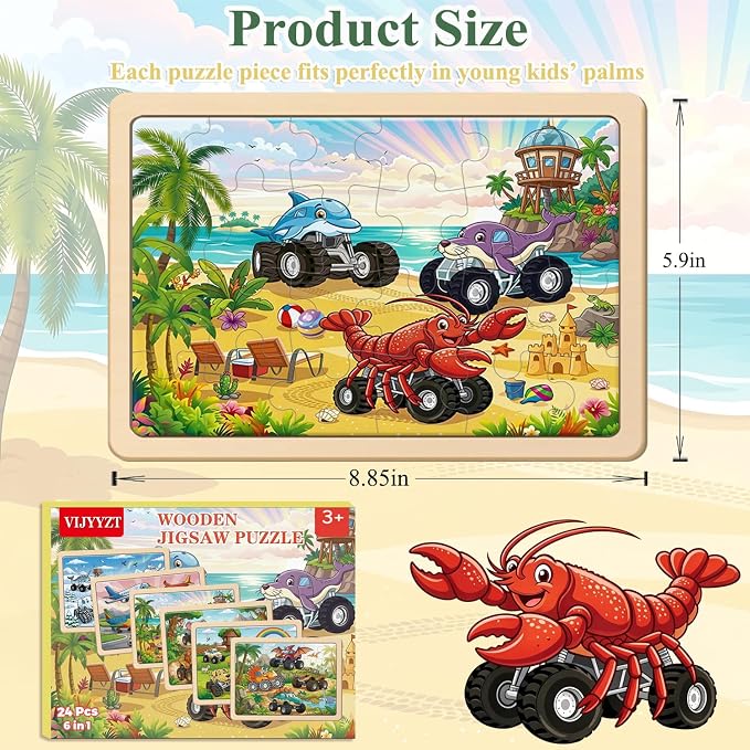 Puzzles for Kids Ages 3-5, 6 Pack Monster Truck Wooden Puzzles 24 Piece | Educational Toddler Toys, Birthday Gifts for Boys Girls