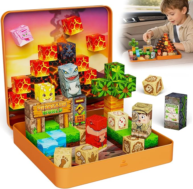 Dinosaur Magnetic Blocks Travel: 49PCS Prehistoric Cubes Toy Set | 4 Story Missions & Explorer Figure for 45+ Min Quiet Focus Game 350g Tin Travel Toy for Car Airplane Activities Kids Ages 3-8