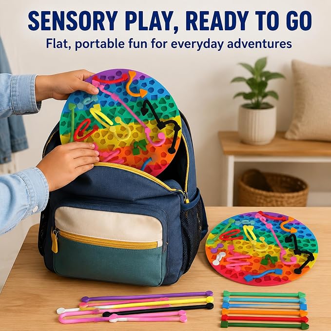 2 Pack Sensory Activity Board, Stress Relief Silicone Quiet Toddler Sensory Toy, Silicone Sensory Activity Board, ADHD & Autism Sensory Toys for Kids & Adults |with a Travel Bag & 24 Strin(C)
