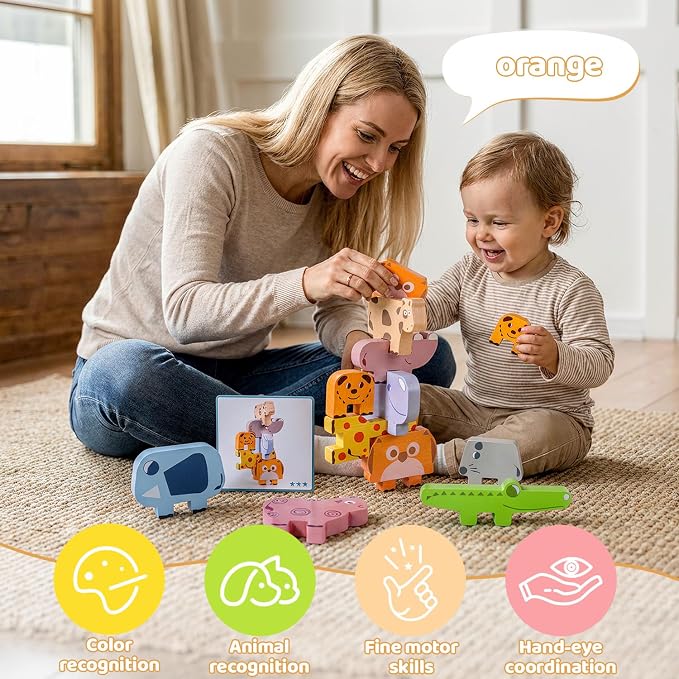Montessori Toys, 10 PCS Wooden Animal Blocks Baby Stacking Set | Preschool Educational Learning Puzzles, Sensory Sorting Toys for 0 1 2 3 4 Year Old Kids Toddlers Girl Boy, Birthday Gift