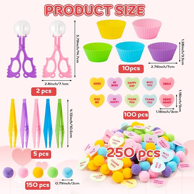 EZdhuawuse Summer Sensory Bin Fillers - 268P Fine Motor Toy Counting Sorting Set for Kid Birthday Easter Gift, Felt Phrases Heart Colorful Pom Poms Cup Clip for Preschool Education Activities