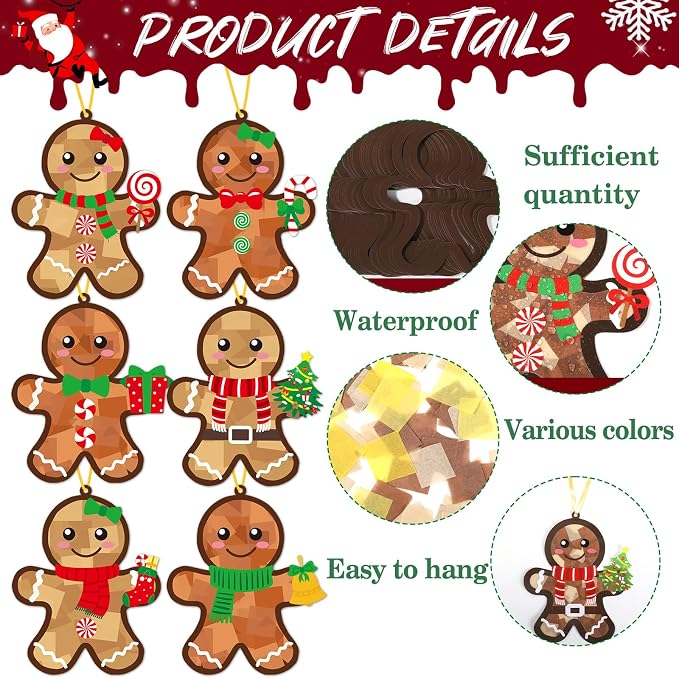 36 Set Christmas Gingerbread Suncatchers Craft Kit for Kids Christmas Tissue Paper Sun Catchers Bulk DIY Your Own Gingerbread Man Hanging Ornament for Xmas Holiday Party Home School Classroom Activity