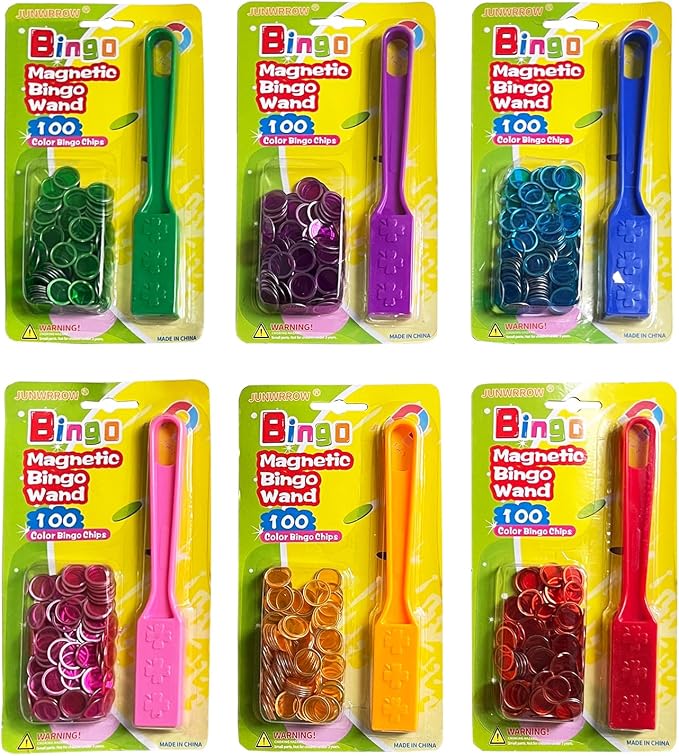 JUNWRROW Magnetic Bingo Wand with Chips,6-Pack& 600 Metal Chips, 6 Color Metal Chips-for Large Group Games,Family Game Night, Sensory Bins,Counting and Sorting,Science& Educational Activities