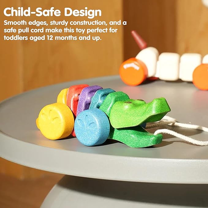 PlanToys® Rainbow Dancing Alligator Pull Toy for Toddlers | Eco-Friendly Wooden Toy with Click-Clack Sound | Walking Toy for Babies | click-clack sound, toddler pull toys, animal design, girls, boys, gross motor cause & effect learning gift idea for kids