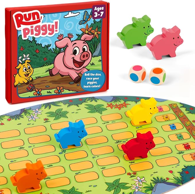 Run Piggy Cooperative Board Game, Adorable Family Dice Game for Kids Ages 3-7, Color Matching Board Game, Preschool Learning Toy, 2-6 Players