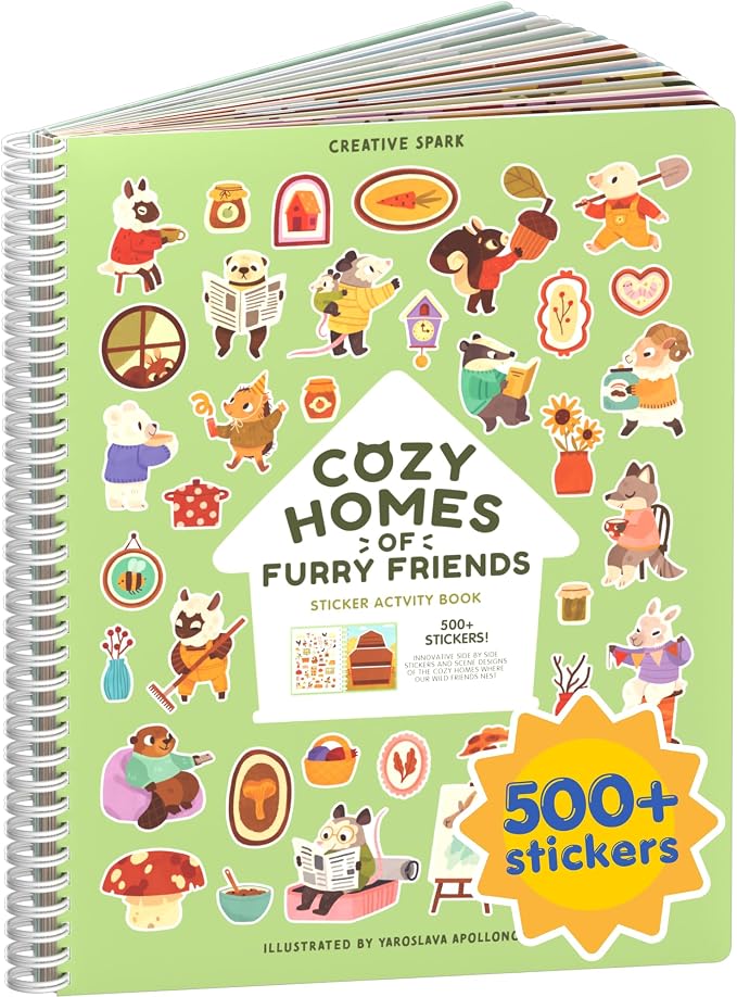 Cupkin Cozy Furry Animal Friends Coloring & Sticker Book | 500+ Stickers | Spiral-bound kids craft format with 12 scenes, 12 art pages, side-by-side viewing, and an easy-peel design for ages 2–8