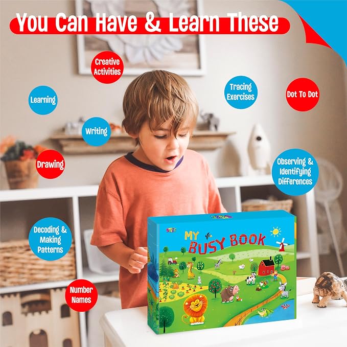 Preschool Busy Book, 30 Different Themes Activities Book, Montessori Learning Toy Educational Tool for Alphabet/Numbers/Color/Shapes/Animals/Weather/Holidays -Autism Sensory Toys for Boys & Girls