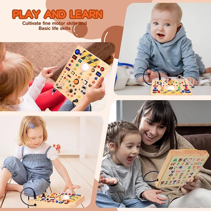 Busy Board with 19 LED Light Switches, Montessori Toys for 1 2 3 Years Old, Wooden Sensory Board, Toddlers Activity Travel Toys for 1 2 3 Year Old Boy & Girl Birthday Gift (Big)