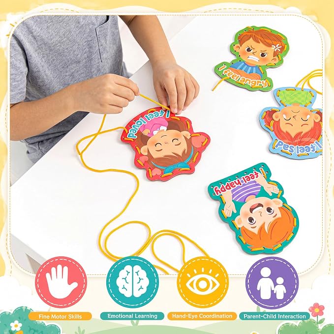 Funrous 10 Pieces Kids Recognition Lacing Cards,Emotion | Thick Cardboard Educational Sewing Cards, Double Sided Lacing Playing Games, For Preschool Developing Imagination Supplies