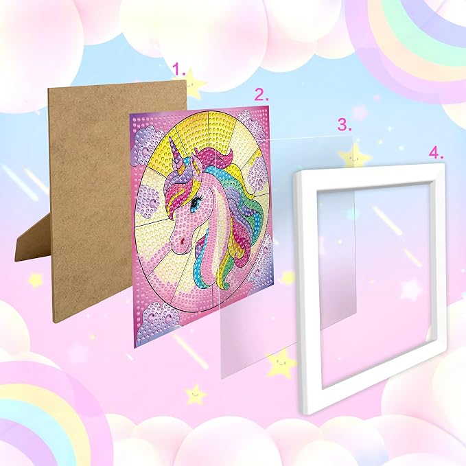 Reofrey Diamond Art Kits for Kids with Frame, DIY Fantasy Horse Diamond Painting Kits, Arts Crafts Gift for Girls & Boys Ages 4,5,6,7,8,9,10,11,12, Creative Educational Toy for Beginners (7x7 Inches)