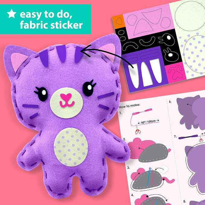 KRAFUN Beginner Sewing Kit, Sew Kitten & Mouse, Pre-Cut Felt, Kids Ages 5+ | Beginner Sewing Kit: Sew 2 Plushies, Kitten & Mouse. Pre-Cut, Pre-Punched Felt, No Scissors. Safe Plastic Needle for Kids