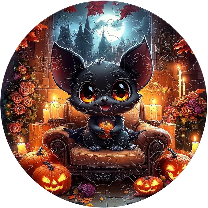 Holiday Wooden Puzzles for Kids - Halloween Black Bat | 50 Piece Puzzles for Kids Ages 4-6 - Kids Puzzle with Unique Animal Shapes - Round Puzzles for Boys and Girls (11.4 * 11.4in)