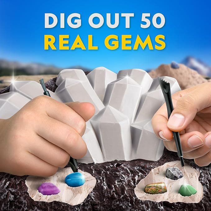 National Geographic Gigantic Gemstone Dig Kit with 50 Real Gemstones | Giant Dig Brick, Amethyst, Quartz & Tiger's Eye, Gem Mining Activity, Excavation Tools, Magnifying Glass, Birthday Gift