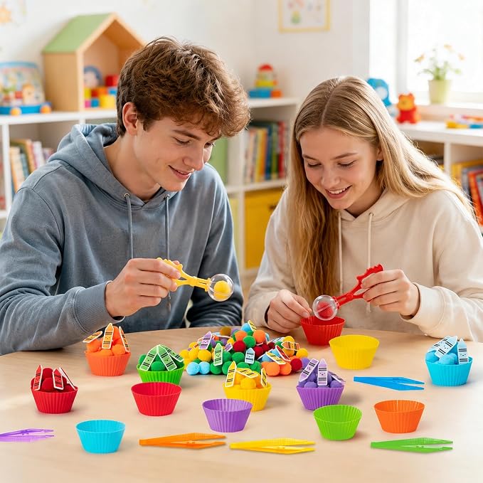 EZdhuawuse Crayon Sensory Bin Fillers, 321Pcs Back to School Fine Motor Set | Counting Sorting Summer Gift for Teens Students Adults, Colorful Felt Crayons Pom Poms Cup Clip, School Education Activities