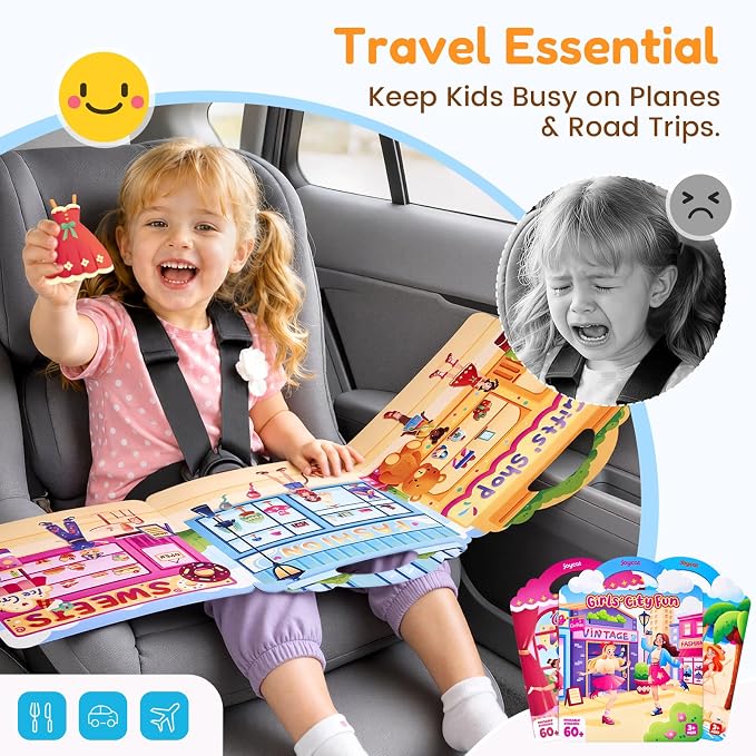 JoyCat Reusable Dress Up Sticker Books, 3-Pack, City Seaside Dreams | 180+ washable stickers, kids car activities, toddler activity, preschool road trip toy, birthday gift for girls ages 3-5