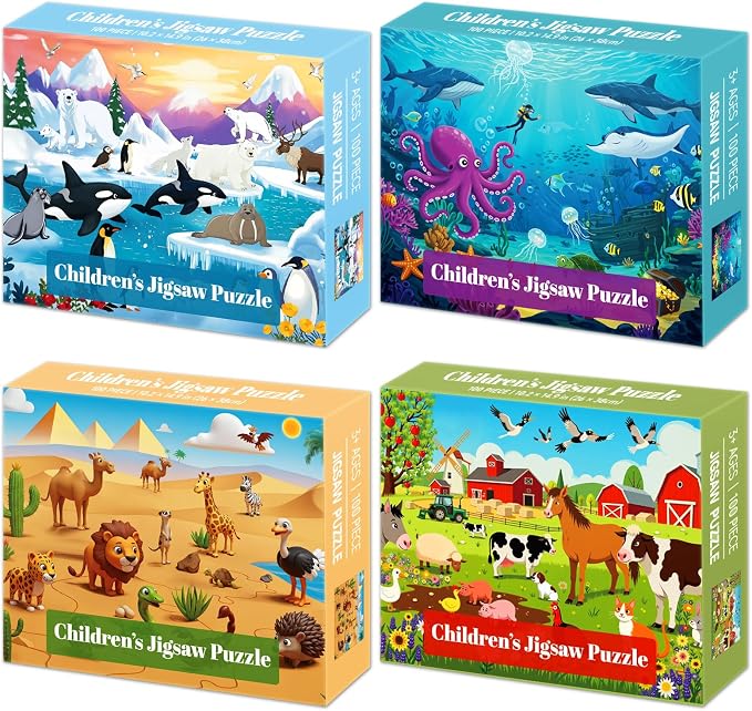 4-Pack 100 Piece Puzzles for Kids Ages 4-6 6-8 8-10 10-12, Farm Desert Polar Seaworld Kids Puzzles Ages 3-5 4-6 5-8 8-10, Learning Educational Jigsaw Puzzles 100 Pieces, Gifts for Girls Boys 15x10in