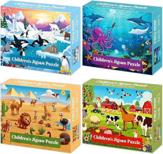 4-Pack 100 Piece Puzzles for Kids Ages 4-6 6-8 8-10 10-12, Farm Desert Polar Seaworld Kids Puzzles Ages 3-5 4-6 5-8 8-10, Learning Educational Jigsaw Puzzles 100 Pieces, Gifts for Girls Boys 15x10in