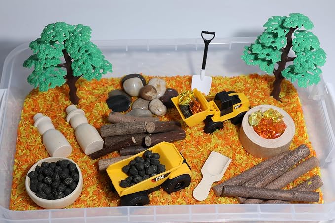 Construction Sensory Bin Kit for Kids | Taste-Safe Rice, Realistic Rocks & Logs, Wooden Tools & Vehicles – Includes Storage Bin – Montessori-Inspired Sensory Play
