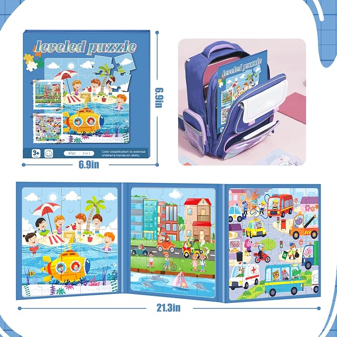 Magnetic Puzzles for Toddlers 3-5 Toddler Puzzle Travel Toys （Traffic） | Jigsaw Puzzles for Kids 97-Pieces Travel Toys Transportation Puzzles Ages 4-6 Road Car Trip & Airplane Activity