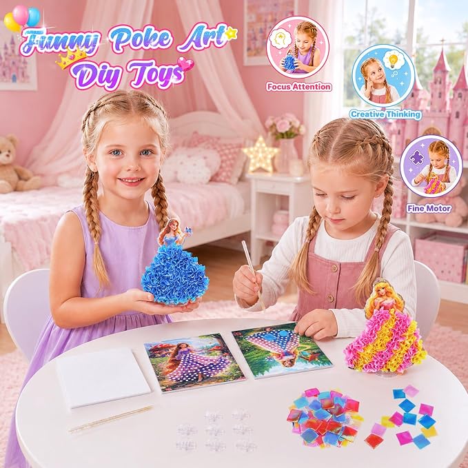 VEYLIN Screen-Free Poke and Poke Art Kit for Girls Ages 4-8, 8 Princess Designs with 1100 Fabric Squares, Mess-Free DIY Arts and Crafts, Travel Activity Birthday Gifts for Kids