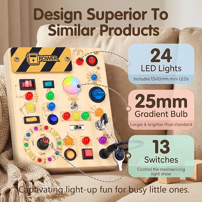 RichBoy Busy Boards, Lights Switch-Style, Wooden, 37-in-1, Medium | Toddlers Birthday Gifts, Montessori Toys, Autism Sensory, Fine Motor Skills, Educational Learning, Travel Essentials