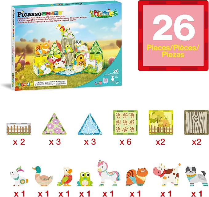 PicassoTiles 26 Piece Magnetic Tiles, Fall Farm Set with 8 Animals, Ages 3+ | 18 printed autumnal designs, rabbit, duck, parrot, frog, unicorn, cat, cow, dog, BPA-free, full-size compatibility, STEM play