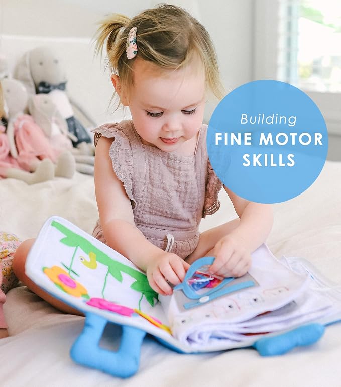Curious Columbus My Big Day Quiet Book, Fabric Busy Book for Travel (Blue) | 10 Interactive Pages, Color Matching, Counting, Buttons, Zippers, Buckles and Lacing, Book Zips Closed with Carry Handles