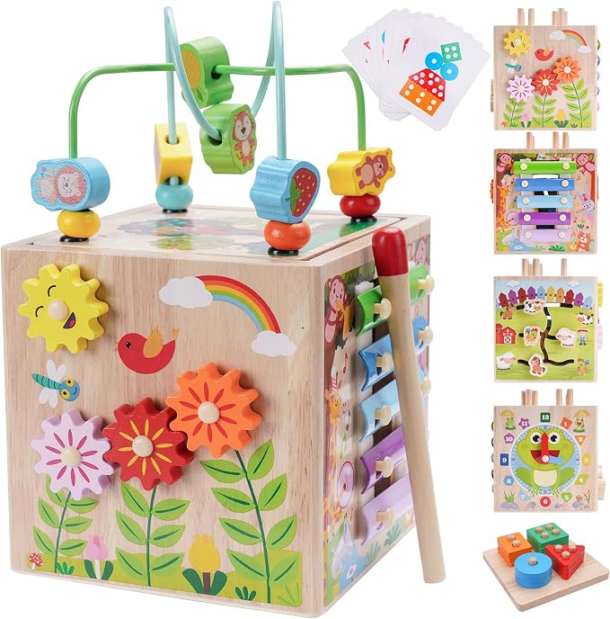 Wooden Activity Cube | Montessori Toys for 1 2 3 Year Old Toddler Gifts | One Year Old 1st First Birthday Gift | Educational Toys for 12+ Months Baby Boys Girls | Bonus Sorting & Stacking Game (Pink)