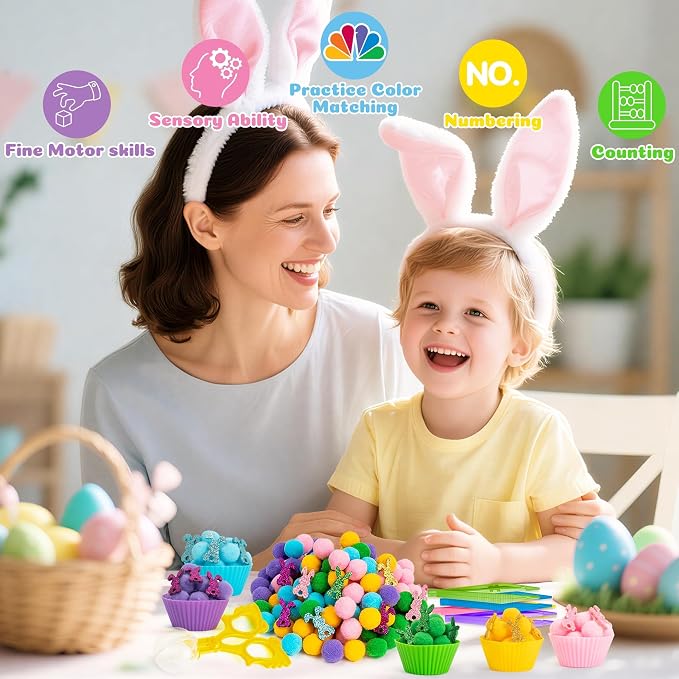 EZdhuawuse Summer Sensory Bin Fillers - 268P Summer Bunny Fine Motor Toys Rabbit Counting Sorting for Kids, Counting Toy with Shiny Bunny Pom Poms Cup Clip for Preschool Education Activities