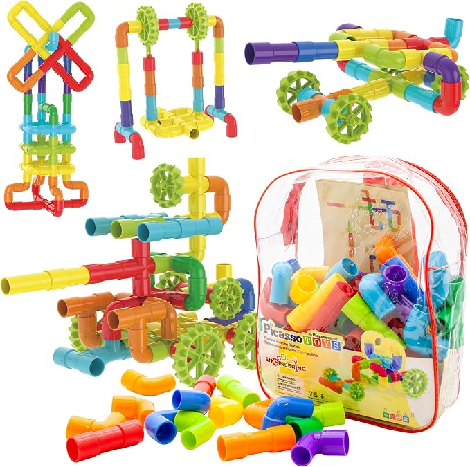 PicassoTiles 76PC STEM Pipe Building Interlocking Tube Construction Toy with Wheels and Storage Backpack Creative Educational Brain Development Learning Blocks for Kids Ages 3+ Boys and Girls PTT138