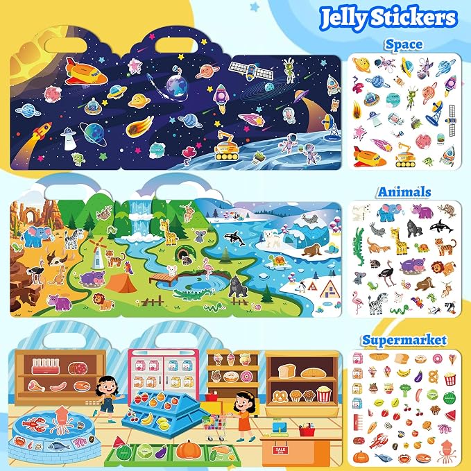 6 Pack Jelly Reusable Sticker Books for Toddlers | Toddler Toys,Birthday Gifts for Boys Girls,Airplane Travel & Road Trip Essentials Kids
