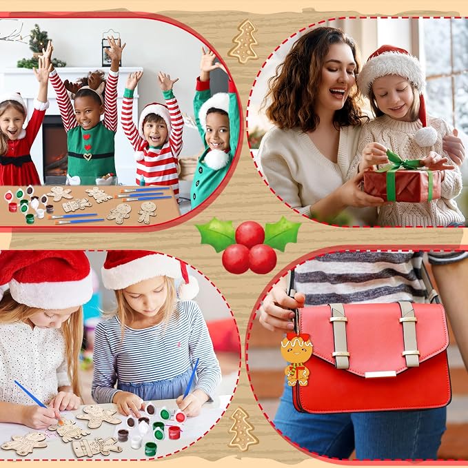 Saypacck 24 Pcs Gingerbread Man Party Favors Wooden Paint Craft Kits | Christmas Gingerbread Man Ornamnet For KidsParties, Brush and Paints Included, Goodie Bag Fillers Gifts