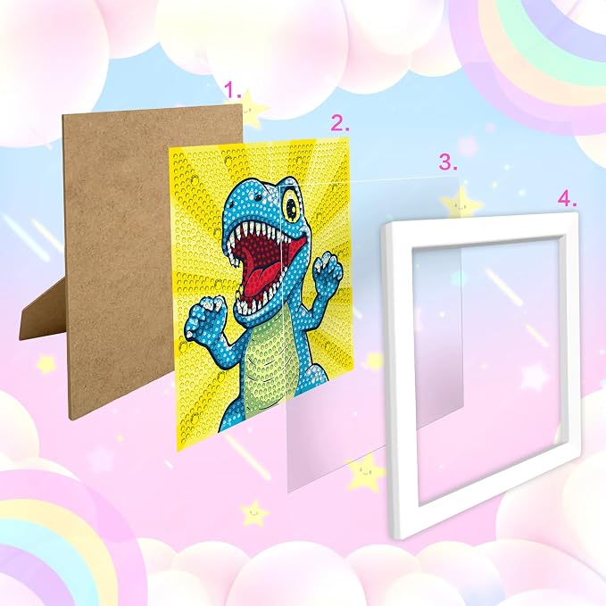Reofrey Diamond Art Kits for Kids with Frame, DIY Dinosaur Animal Diamond Painting Kits, Arts Crafts Gift for Girls & Boys Ages 4,5,6,7,8,9,10,11,12, Creative Educational Toy for Beginners (7x7 Inch)