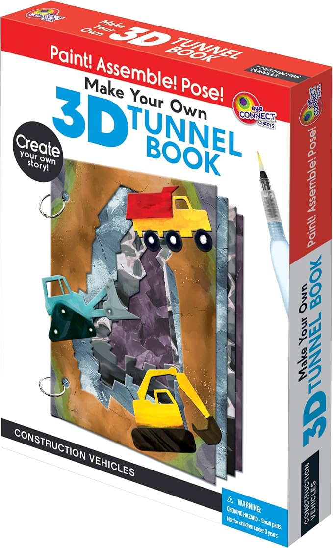 EyeConnect Crafts Diggers Mini 3D Tunnel Book – Hands-on Paper Craft Kit | Build, color & create a pop-in book! Mini animals, watercolor pastels & water brush included. Portable, screen-free fun! 3+
