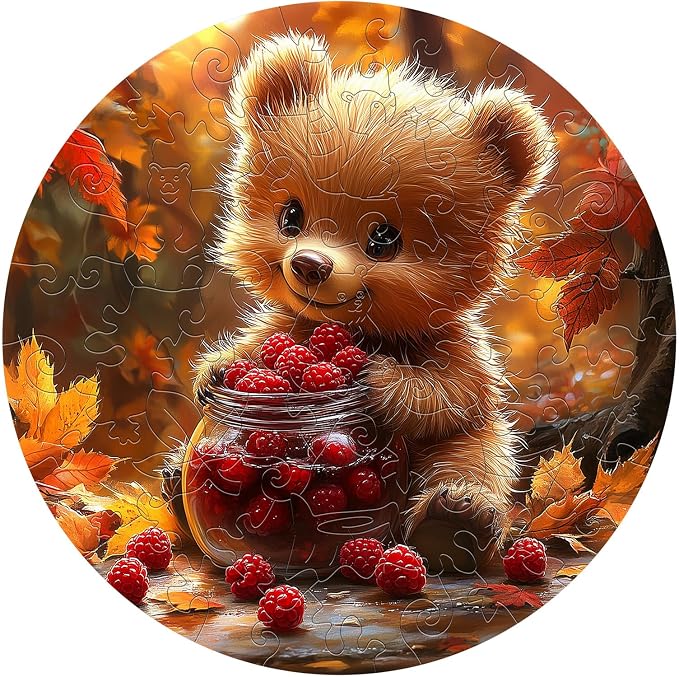 Animal Wooden Puzzles for Kids - Berry Bear | 50 Piece Puzzles for Kids Ages 4-6 - Kids Puzzle with Unique Animal Shapes - Round Puzzles for Boys and Girls (11.4 * 11.4in)