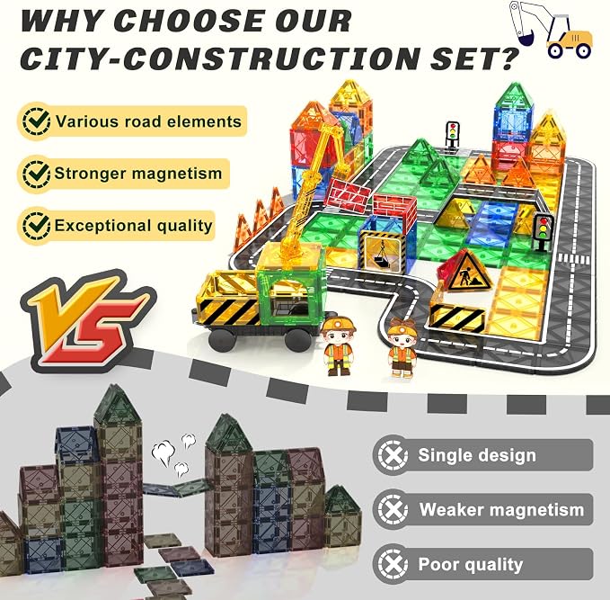 Kids Games Magnetic Tiles Road Set with Extendable Crane Magnetic Blocks | City Construction Building Toys for Toddlers STEM Preschool Ages 4-6 5-7, Gifts for 3+ Year Old Boys Girls Kids Toys with Car