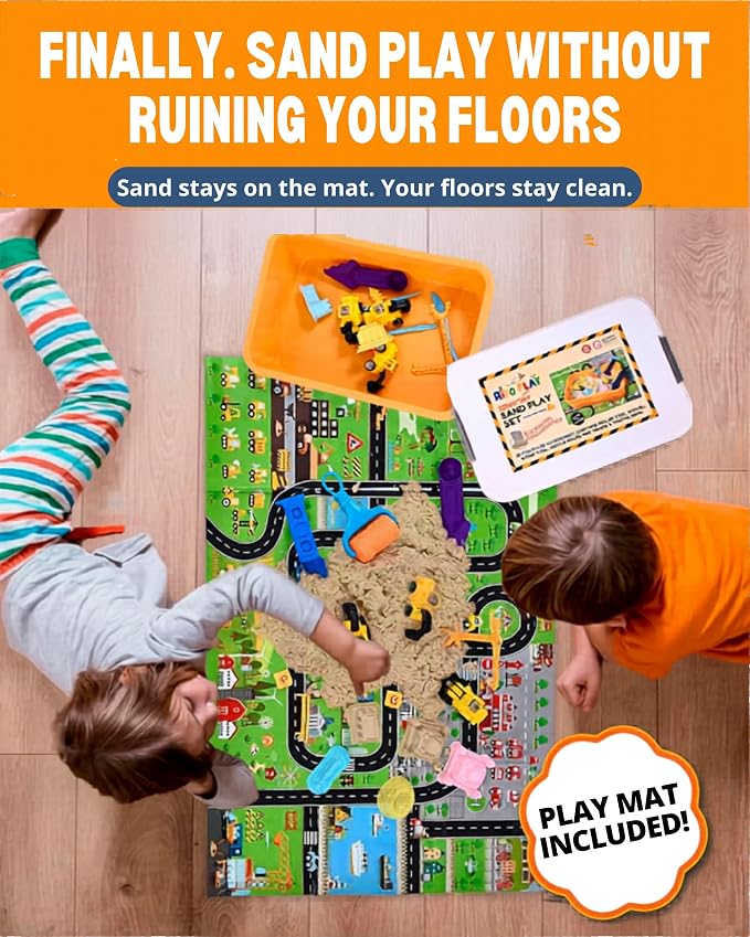 Construction Sensory Bin for Toddlers, 2-in-1 Play Mat, Ages 3+ | 2.6 lbs Moldable Magic Sand · 22-Piece Kit · Snap-lid Bin w/ Handle · Sensory Kit · Learning Activity · Ages 3-7
