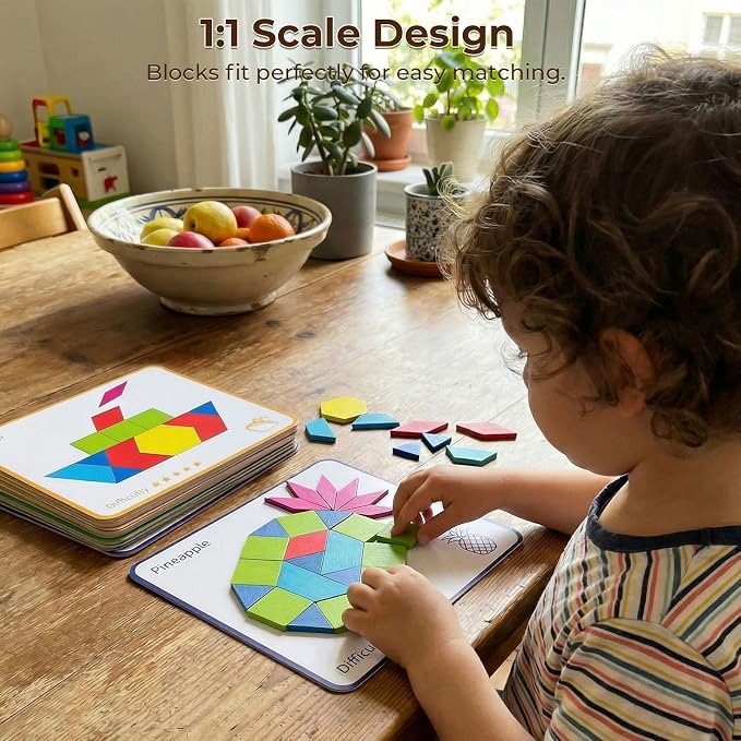3 Otters 150Pcs Wooden Pattern Blocks Set, Geometric Tangram Shapes | with Activity Cards, Storage Bag, Screenless Play for Kid, Homeschool, Classroom, Travel Essential