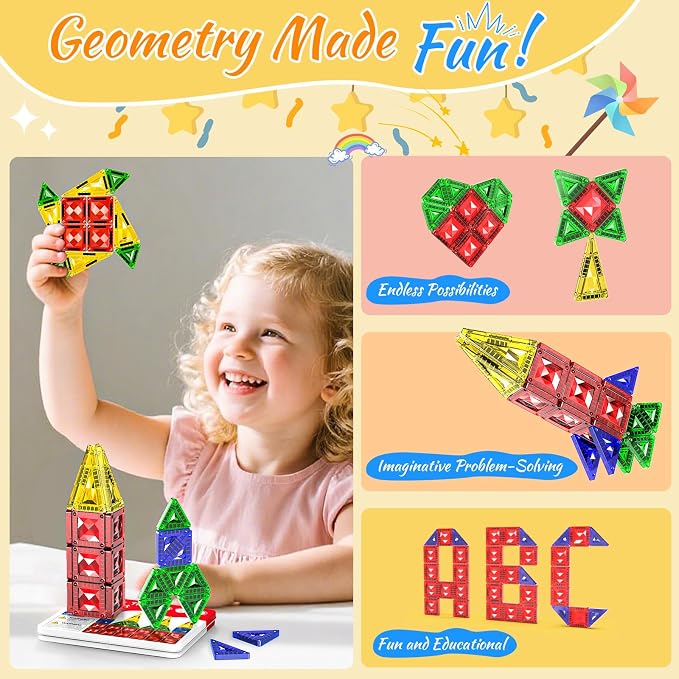 Mini Magnetic Tiles for Kids Ages 3-8, Travel Magnetic Building Blocks with Metal Storage Box, STEM Educational Toys, Montessori Sensory Learning Toys for Toddlers, Gift for Boys & Girls