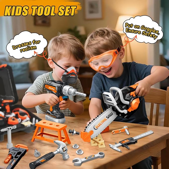 Toddler Tool Set, Kids Tool Box with Toy Chainsaw, Kids Toys for Boys 3-5 | 48 Pcs Construction Tools Kit with Electronic Toy Drill, Christmas Birthday Gifts for Boys Girls Ages 3 4 5 6 7 8, Orange