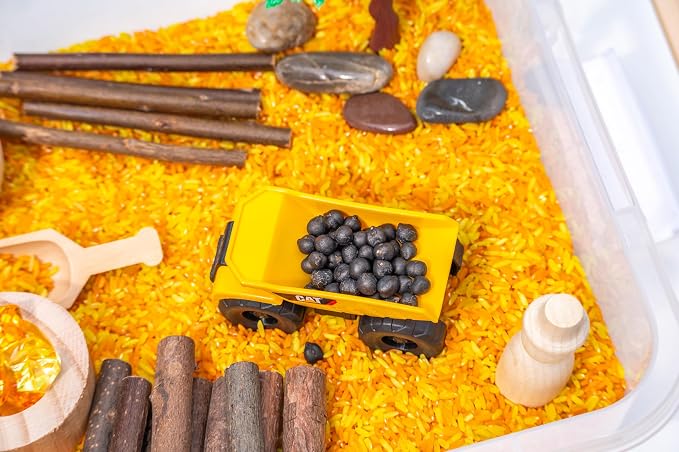 Construction Sensory Bin Kit for Kids | Taste-Safe Rice, Realistic Rocks & Logs, Wooden Tools & Vehicles – Includes Storage Bin – Montessori-Inspired Sensory Play