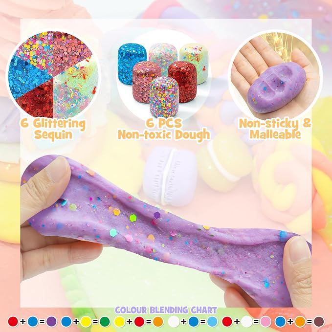 SIMPLIPLAY Ice Cream Sensory Dough Kit, 6 PCS 18oz Glitter Doughs | Soft Clay Ice Cream Toys with Cone, Mold, Fruit Pieces, Accessories(120 Pcs+), Christmas Birthday Gift for Girls Age 3 4 5 6