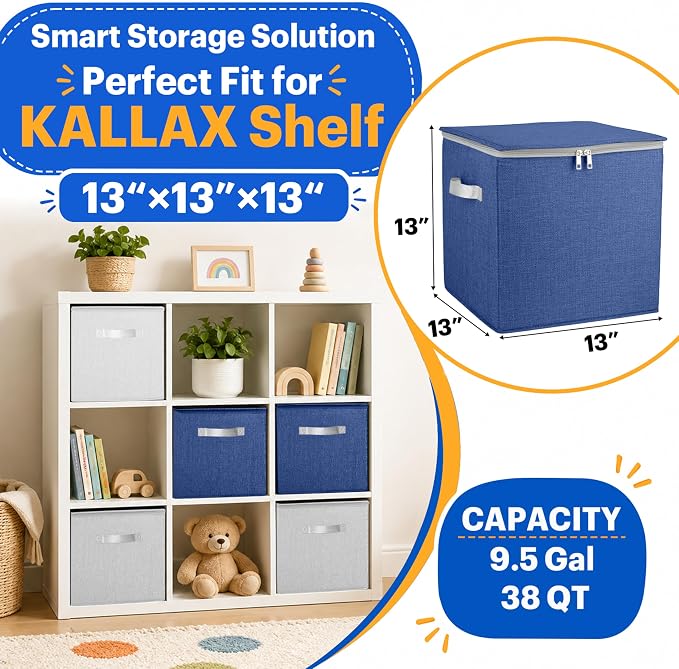 SAM AND MABEL Toy Storage Organizer with Play Mat for Kids – 13" x 13" x 13" Storage Box, Stackable and Foldable Cubby Baskets for Playroom, Nursery Bins for Boys and Girls (Noble Blue)