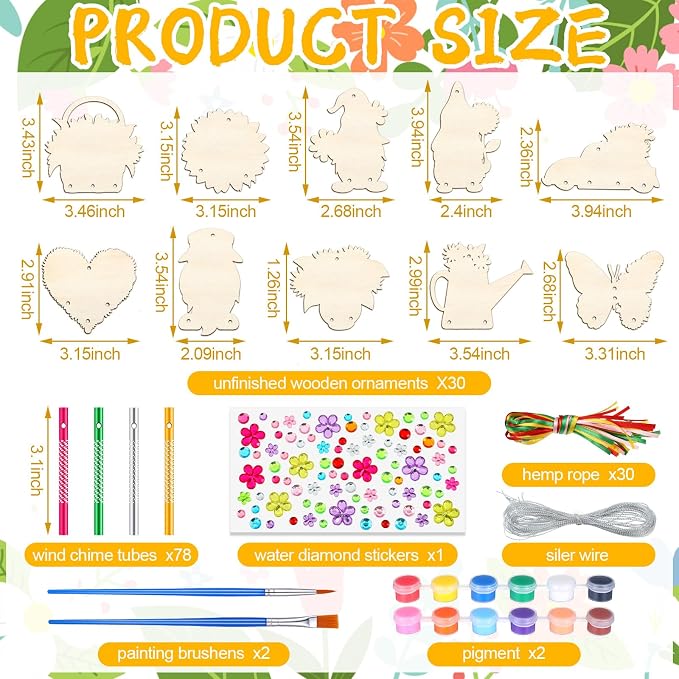 JellyArch 30 Pack Summer Crafts for Kids Wind Chime Making Kit DIY Set | Wooden Sunflower Butterfly Designs with Paints Brushes Stickers, Crafts for Classroom Summer Camp Party Activities