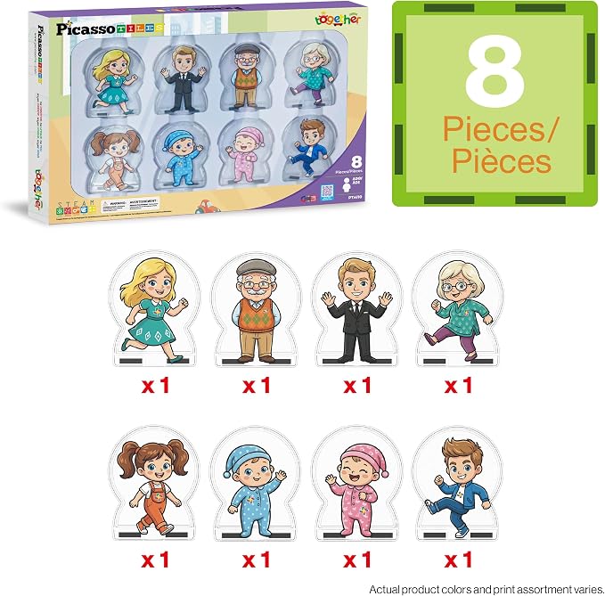 PicassoTiles 8pc Family Character Action Figures Accessory Add On Compatible with Magnet Tile Building Construction Sets STEM Pretend Play Educational Toys for Learning Preschool Kids Ages 3+ PTA110
