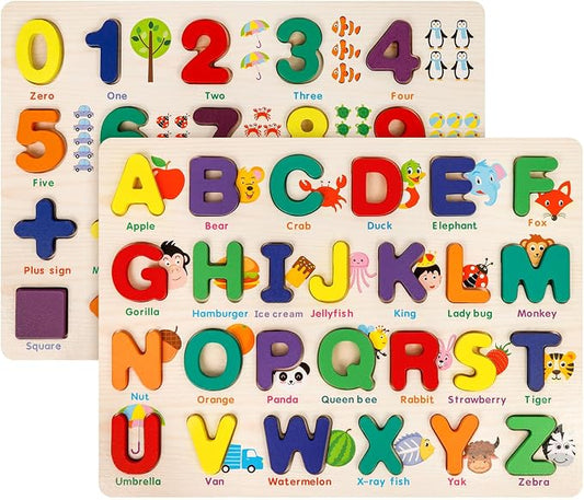 Attmu Alphabet Wooden Puzzles for Toddlers 2 Pcs ABC Shape Number Puzzle | Learning Toys for Kids, Preschool Educational Activities Toddler Gift Toys for Girls Boys Christmas Valentines Easter