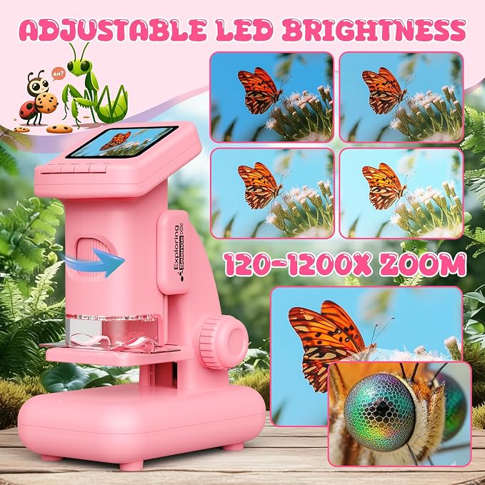 1200X Microscope for Kids, 2 in 1 Handheld & Desktop Digital Microscope with 9 Slides Science Kit, Portable Microscope HD Screen Video Record, STEM Educational Toys Gifts for Ages 6-12 Boys Girls