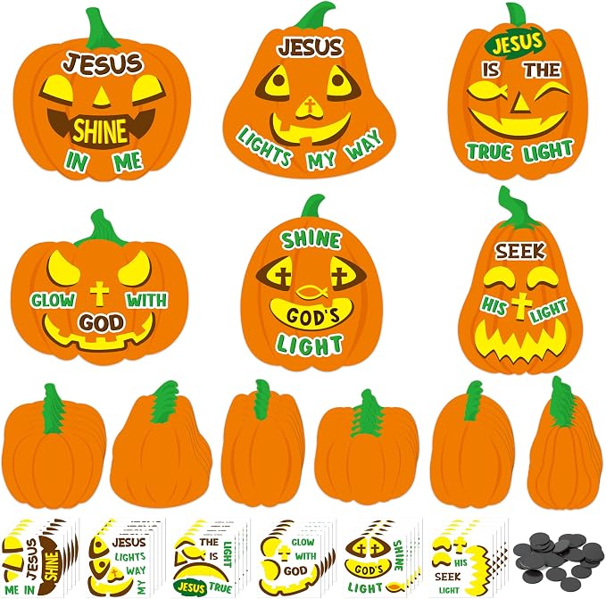 Haooryx DIY Halloween Christian Jesus Pumpkin Magnet Craft Kit | 30 Set Make Your Own Religious Fall Pumpkin Sticker Craft Decor, School Class Art Project Refrigerator Bulletin Board Decor