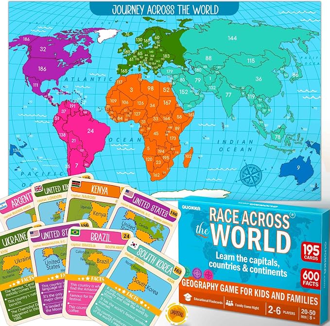 Quokka Board Games for Kids 8-12 - Family Games for Kids and Adults - Journey Across the World Card Game Ages 5-9 - Learn Capitals, Flags, Facts, and Map Locations with 195 World Map Cards